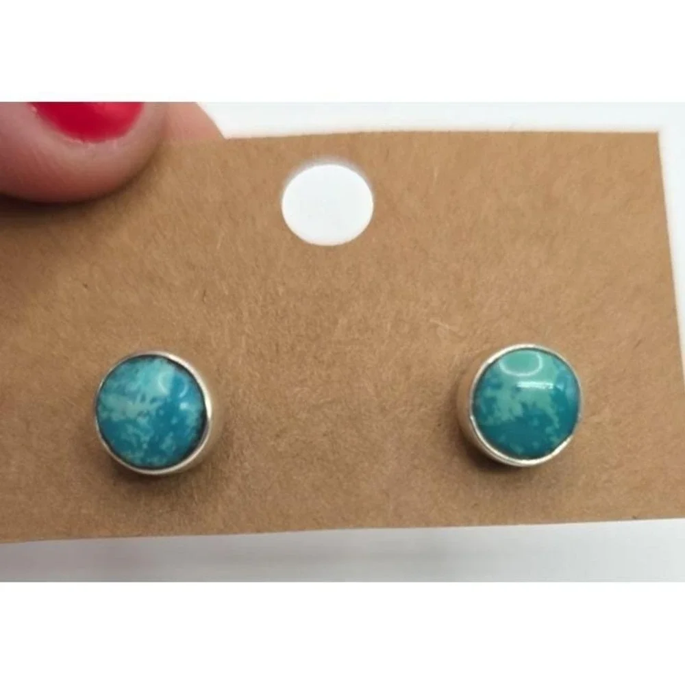 Turquoise Stud Earrings Sterling Silver 8mm Round Bezel Set Handmade Western NEW